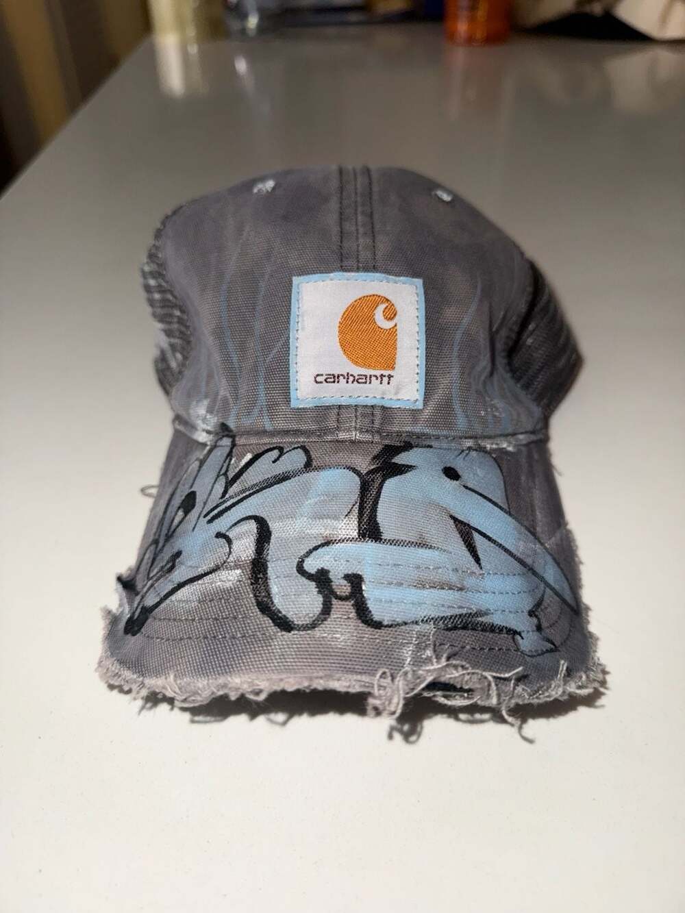 Carhartt Custom Painted Distressed Grey Trucker Hat Snapback